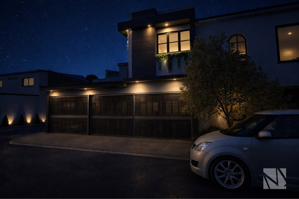 Vista nocturna de fachada lateral de casa remodelada en Santa Elena con iluminación paisajística.