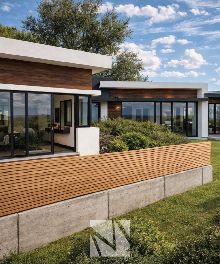 Casa moderna de diseño contemporáneo con acabados en madera, concreto y vidrio, representando proyectos arquitectónicos desarrollados por Modulare en El Salvador