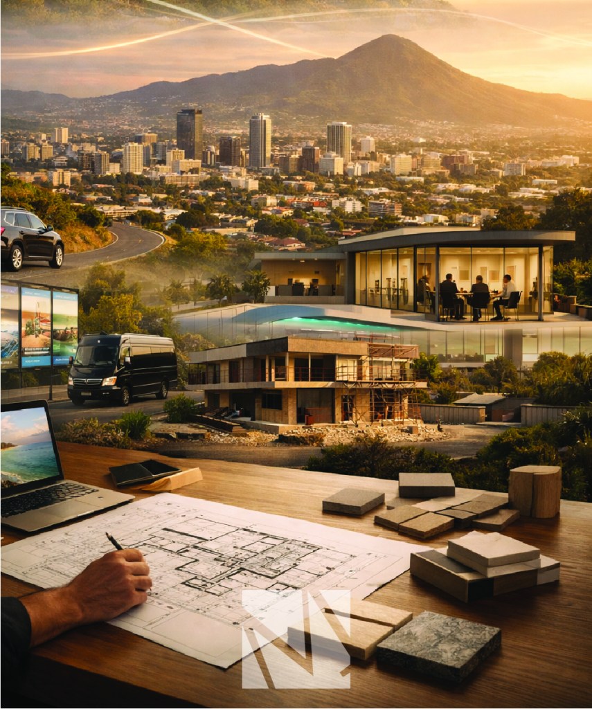 Arquitecto trabajando en plano de vivienda moderna con vista panorámica de San Salvador, representando el proceso de diseño, construcción y desarrollo inmobiliario de Modulare