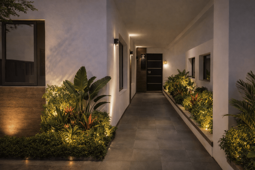 Pasillo interior de Hotel María Isabel en San Salvador con iluminación cálida y jardinería integrada en un entorno boutique.