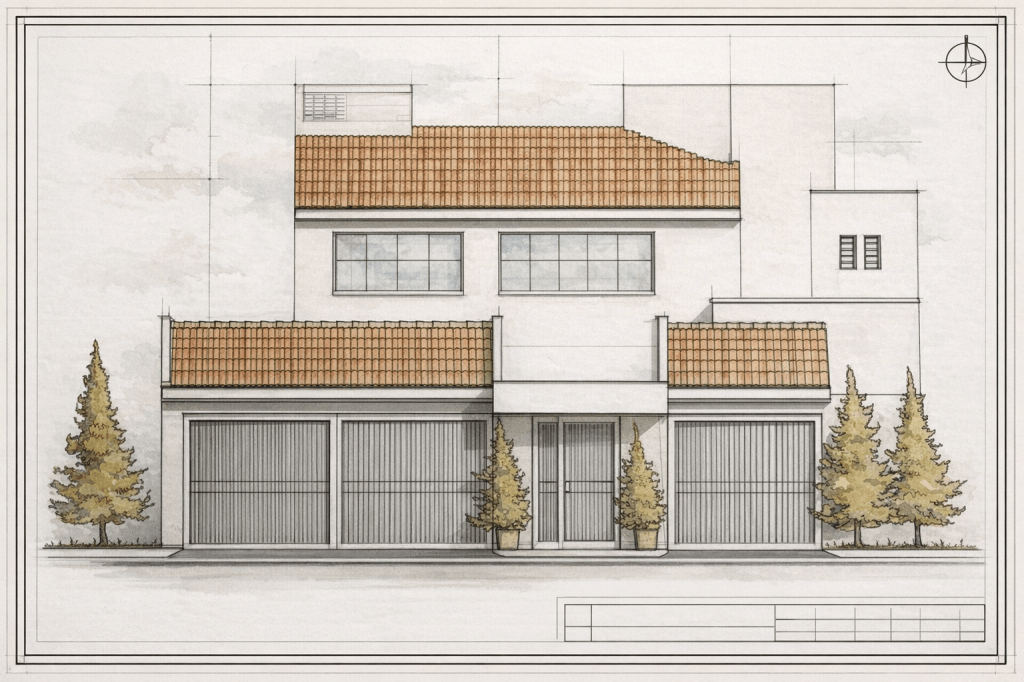 Elevación arquitectónica de vivienda unifamiliar con acabados contemporáneos y cubierta inclinada, desarrollada por Modulare Arquitectos.