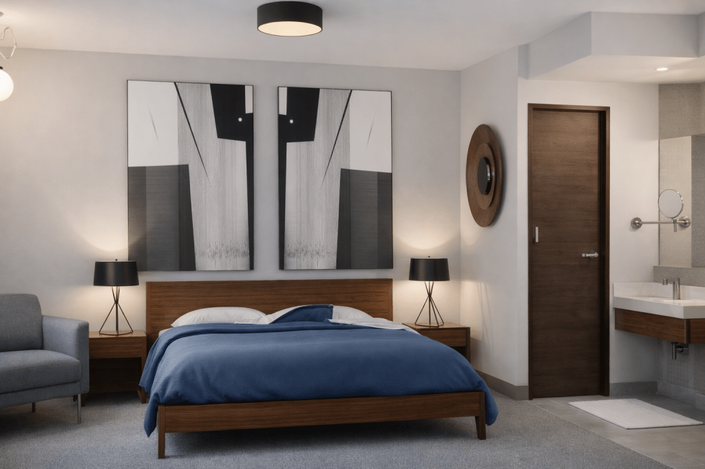 Habitación del Hotel María Isabel en San Salvador con diseño contemporáneo, cama de madera, iluminación cálida y ambiente acogedor. Diseño por Modulare Arquitectos.