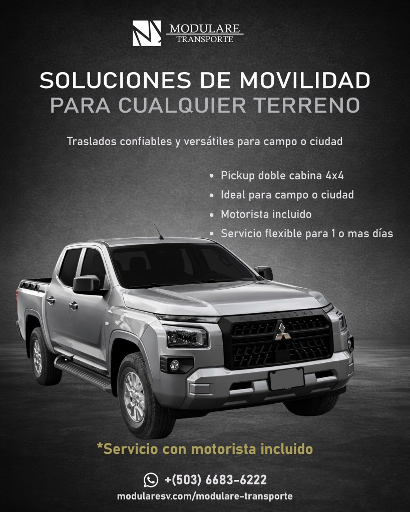 Pickup Mitsubishi L200 4x4 doble cabina de Modulare Transporte para traslados en ciudad o campo en El Salvador.