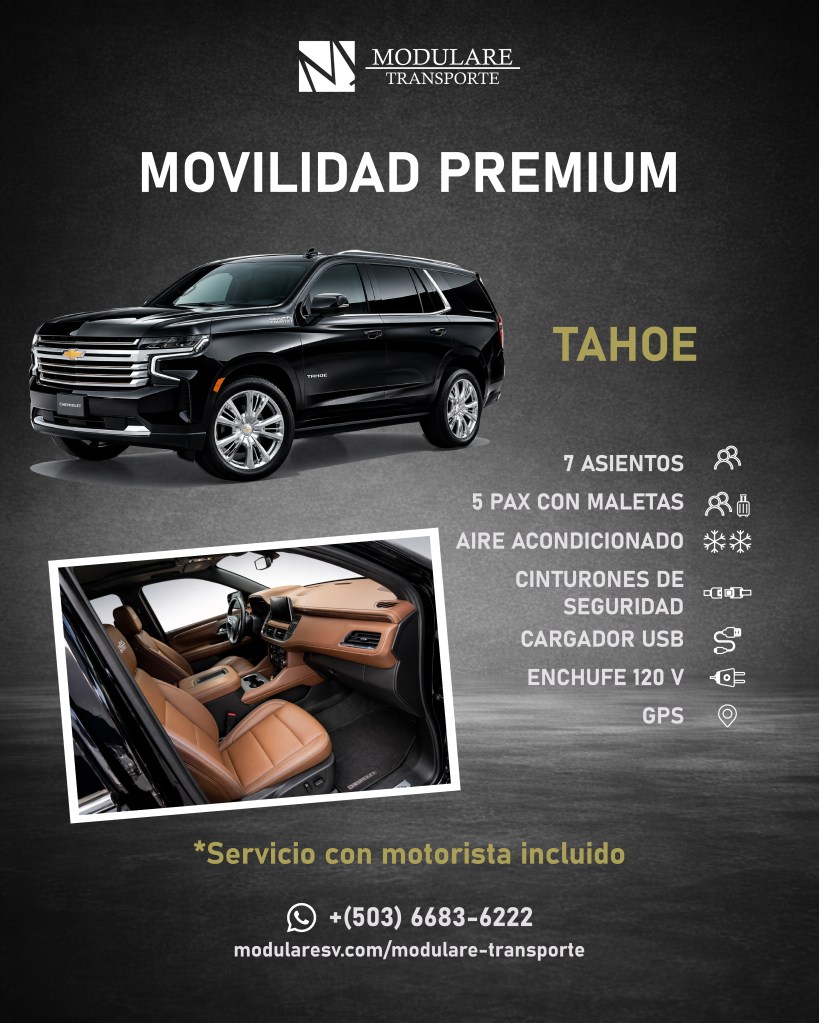 Chevrolet Tahoe de Modulare Transporte con capacidad para 7 pasajeros, aire acondicionado y equipamiento completo para traslados ejecutivos premium.