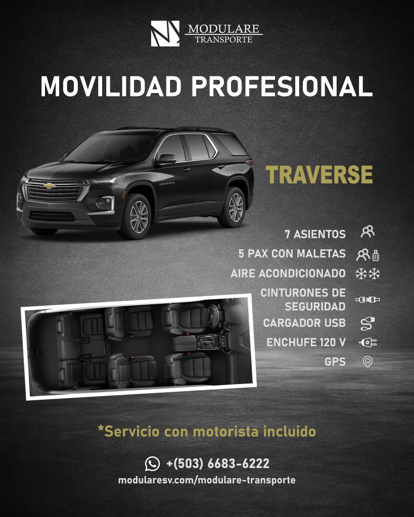 Chevrolet Traverse de Modulare Transporte con capacidad para 7 pasajeros, aire acondicionado, GPS y espacio para equipaje, ideal para transporte ejecutivo en El Salvador.