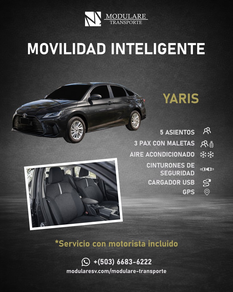 Toyota Yaris de Modulare Transporte con capacidad para 5 pasajeros, aire acondicionado y espacio para equipaje en traslados urbanos.