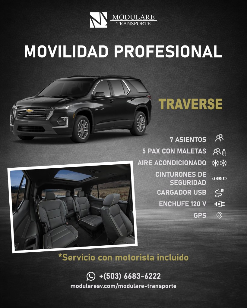 Interior de Chevrolet Traverse de Modulare Transporte con asientos amplios y confortables para transporte ejecutivo en El Salvador.