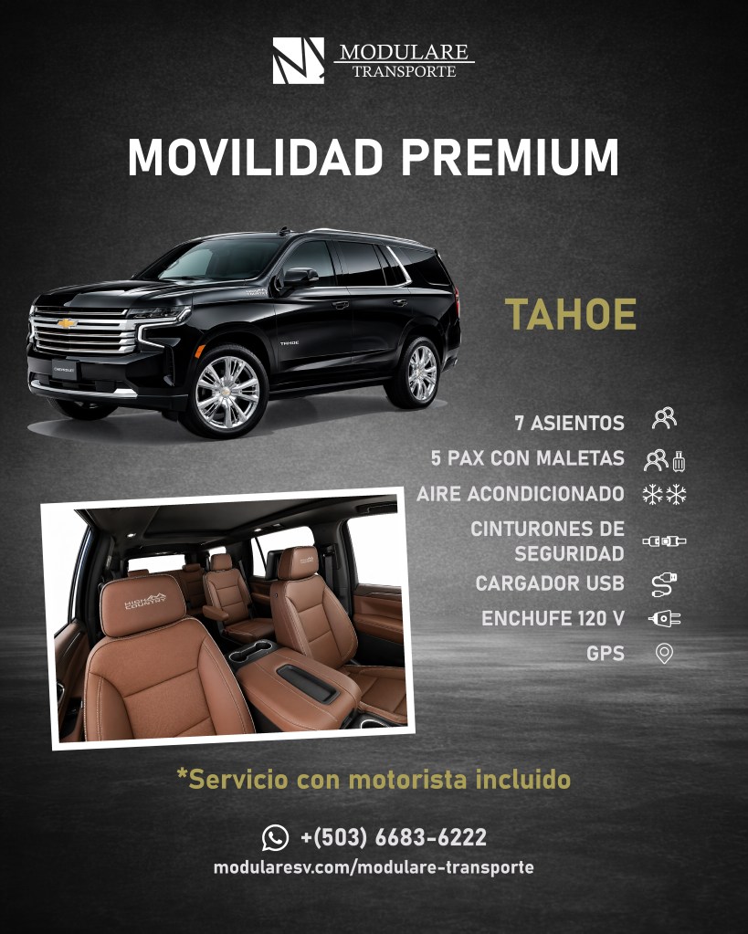 Interior de Chevrolet Tahoe con asientos de cuero premium y amplio espacio para transporte ejecutivo en El Salvador.