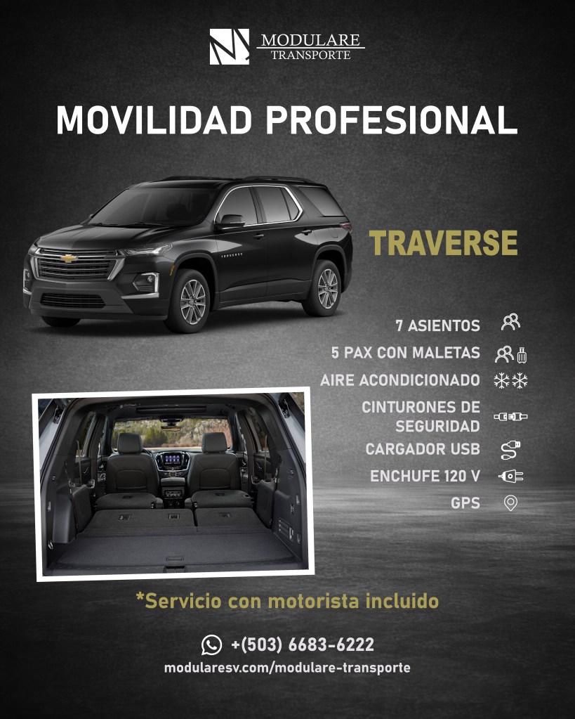 Baúl de Chevrolet Traverse con asientos abatidos, amplio espacio para equipaje en servicio de transporte ejecutivo de Modulare Transporte.