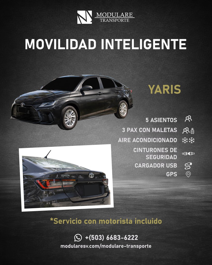 Parte trasera de Toyota Yaris con diseño moderno en servicio de transporte urbano de Modulare Transporte en El Salvador.