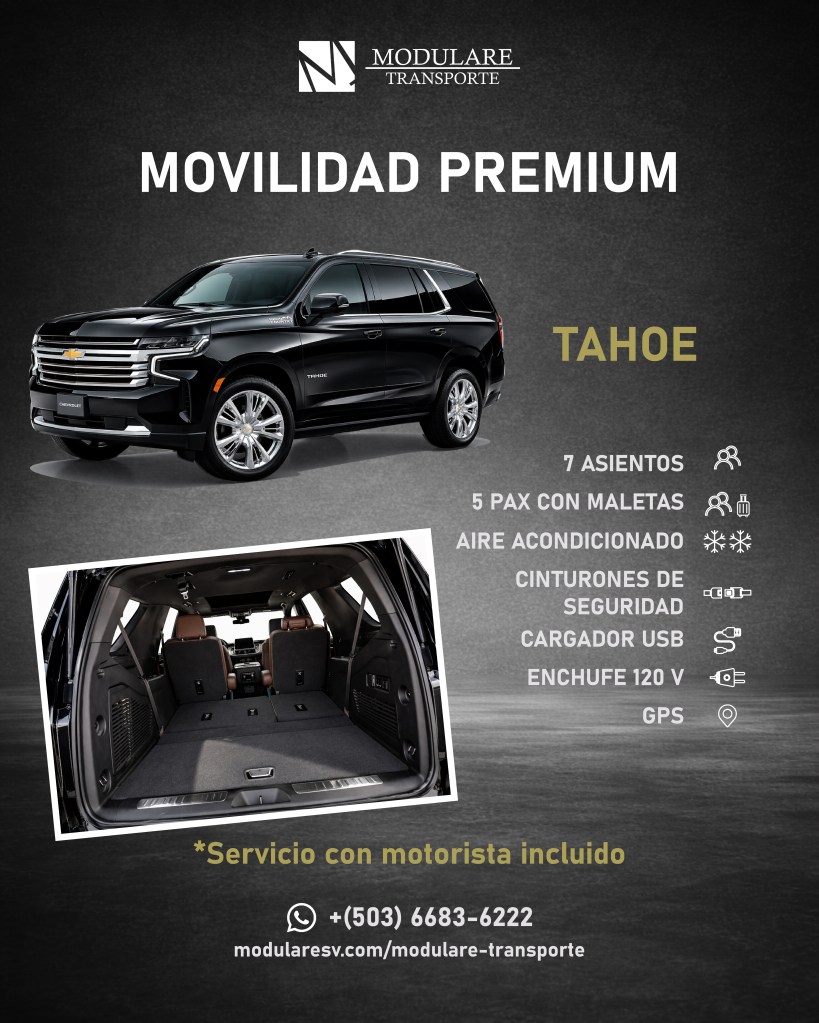 Baúl amplio de Chevrolet Tahoe con asientos abatibles para transporte ejecutivo con equipaje en El Salvador.