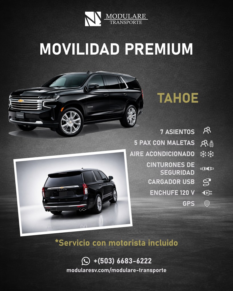 Vista trasera de Chevrolet Tahoe con diseño elegante en servicio de transporte ejecutivo premium en El Salvador.